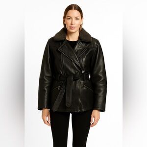 Coldwater Creek Black Lambskin‎ Leather Jacket Shearling Collar Belted Medium